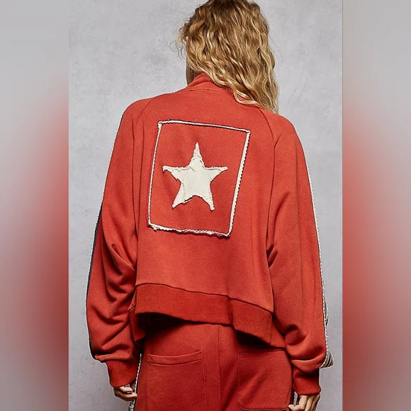 ​POL Star Patchwork Track Suit Set - Rust Red Orange Zip Jacket & Wide Leg